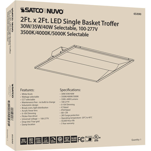 Brentwood LED 24 inch White Troffer Ceiling Light, Center Basket