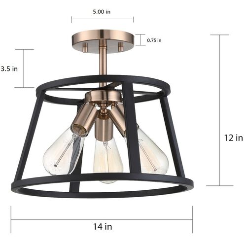 Chassis 3 Light 14 inch Copper Brushed Brass and Matte Black Flush Mount Ceiling Light
