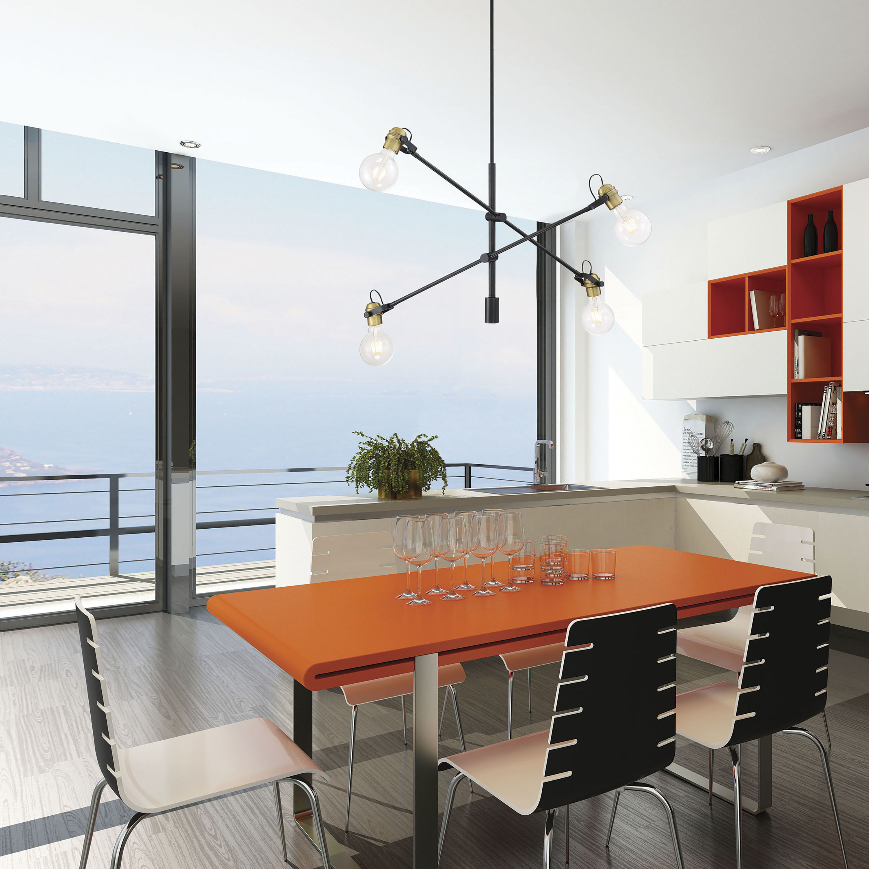 Mantra 4 Light 5 inch Black and Brushed Brass Pendant Ceiling Light