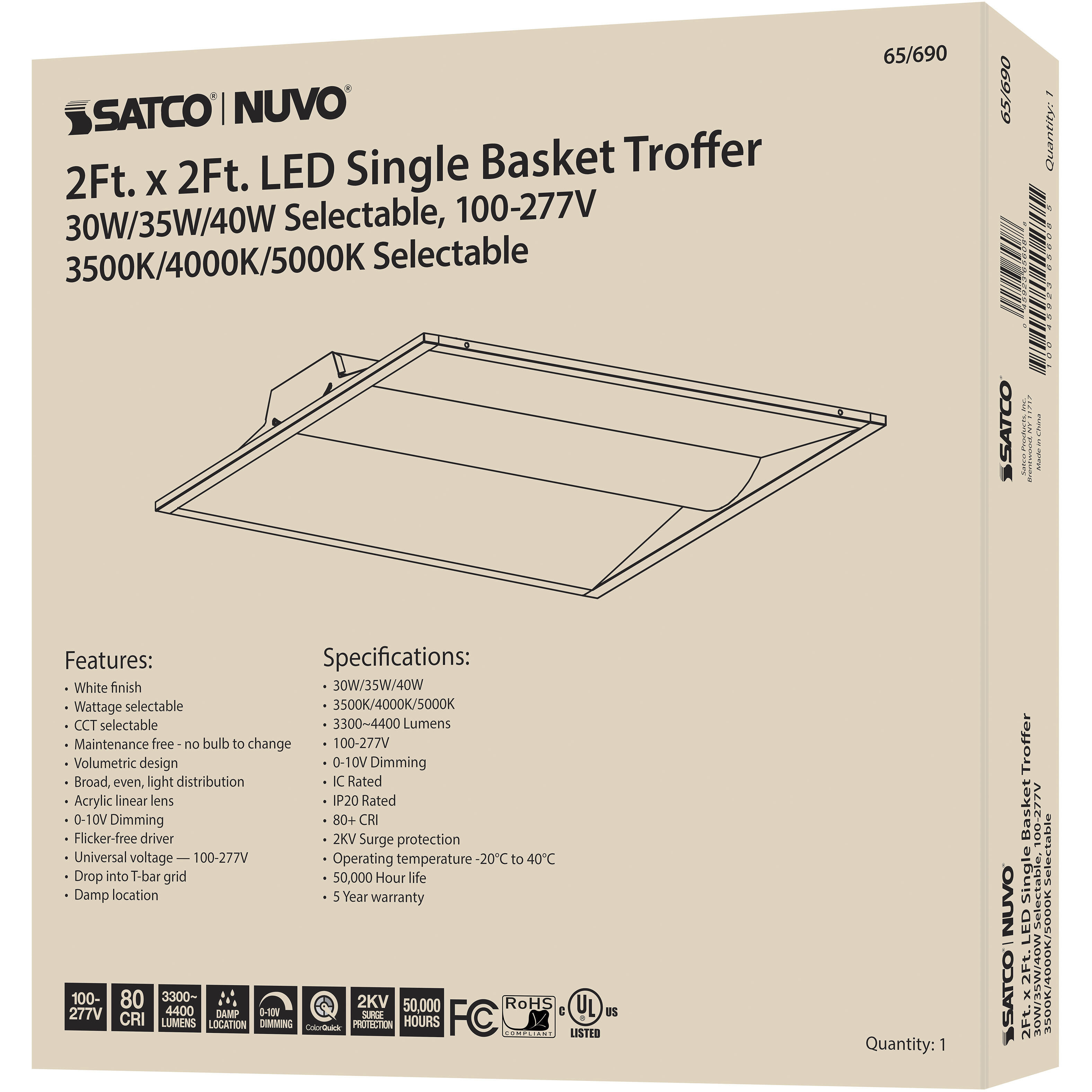 Brentwood LED 24 inch White Troffer Ceiling Light, Center Basket