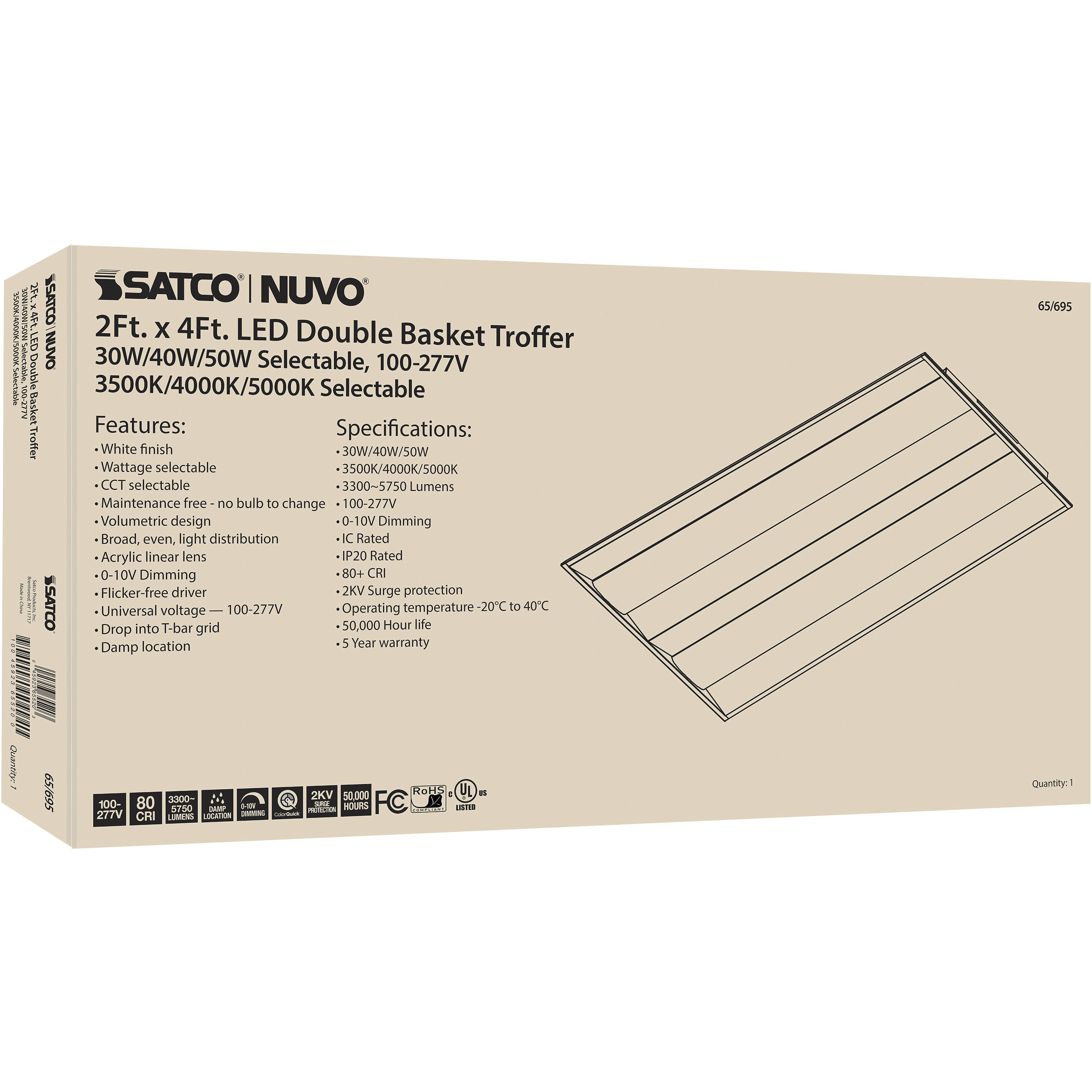 Brentwood LED 24 inch White Troffer Ceiling Light, Double Basket