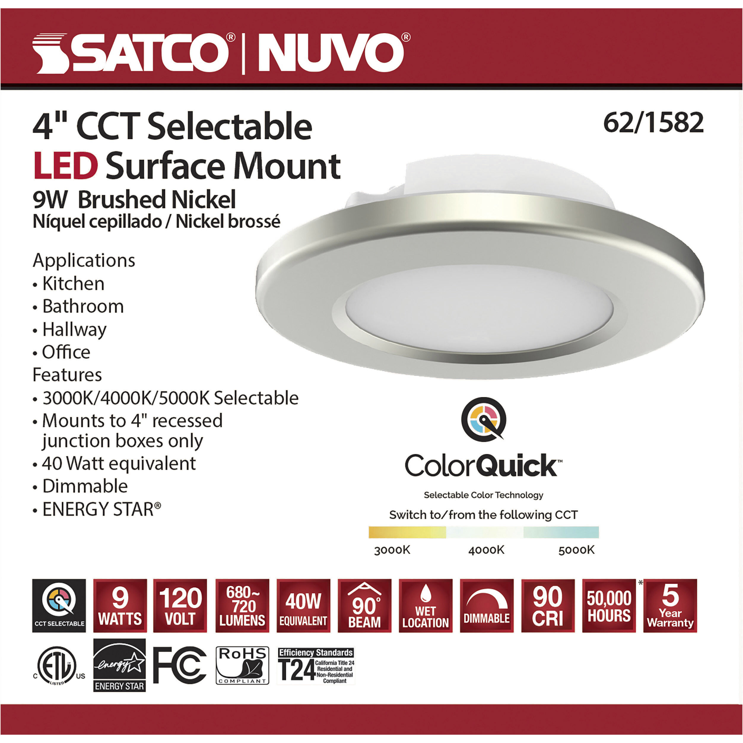 ColorQuick LED 5 inch Brushed Nickel Close-to-Ceiling Ceiling Light, Edge Lit