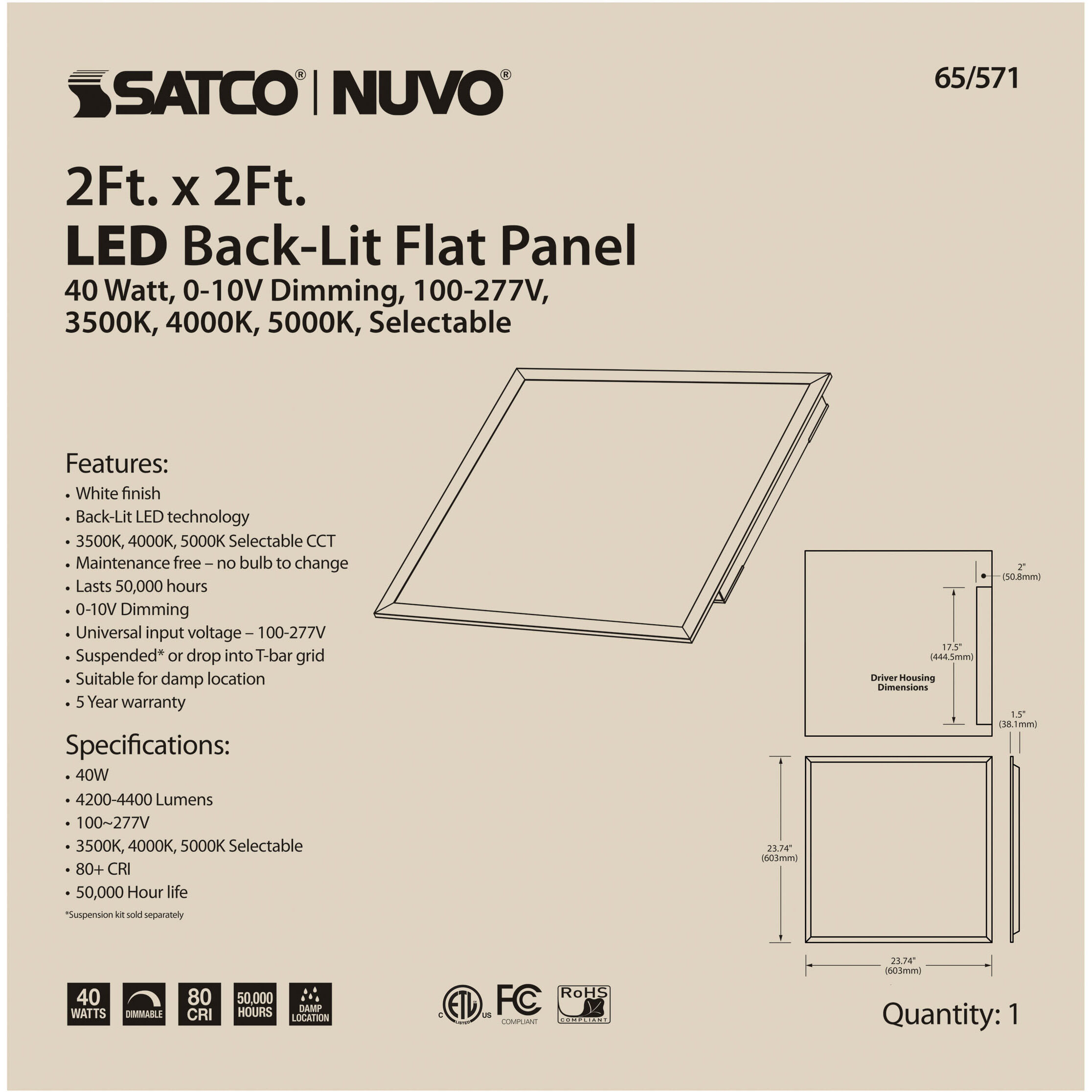 Brentwood LED 23.75 inch White Flat Panel Ceiling Light, ColorQuick