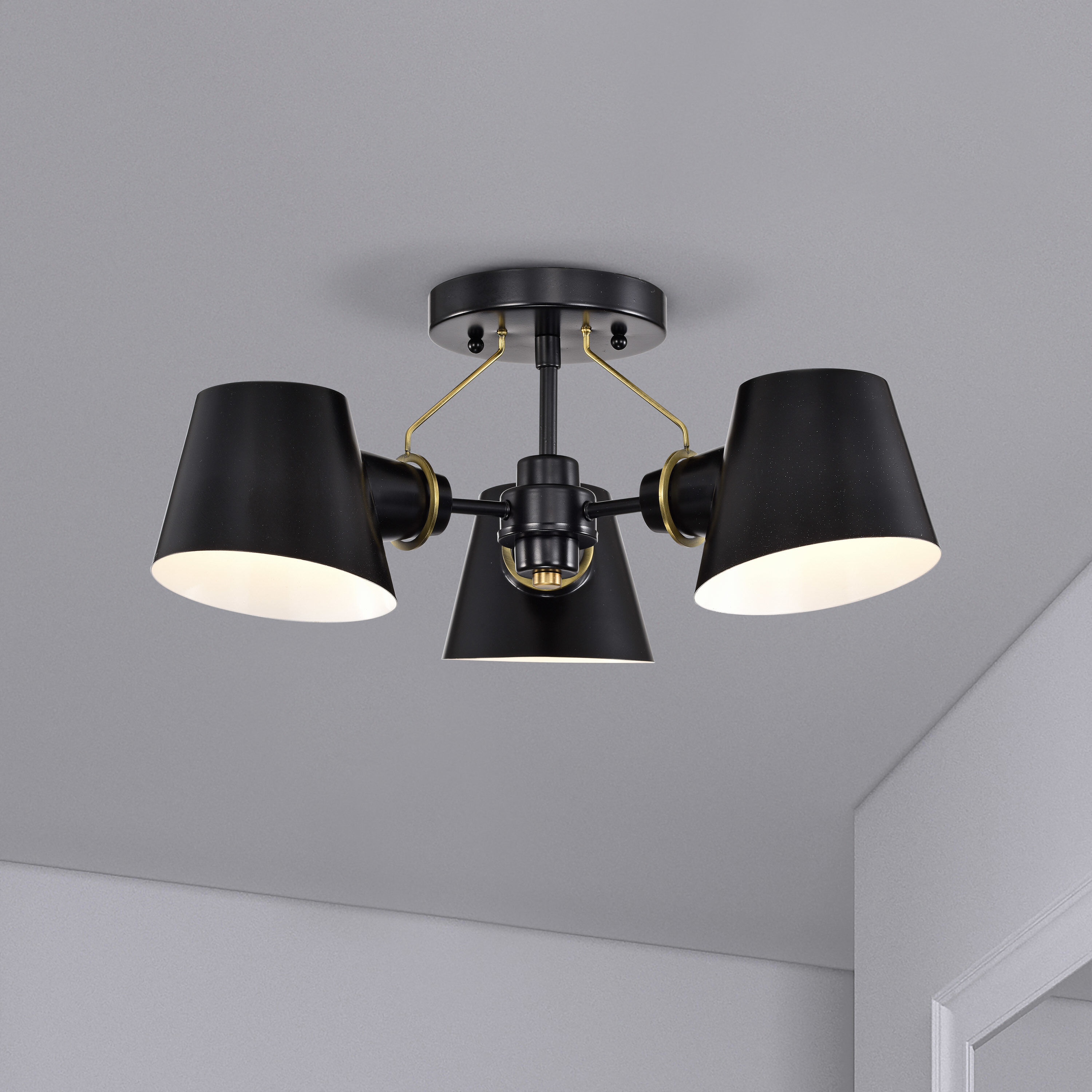Baxter 3 Light 20 inch Black/Burnished Brass Semi Flush Ceiling Light