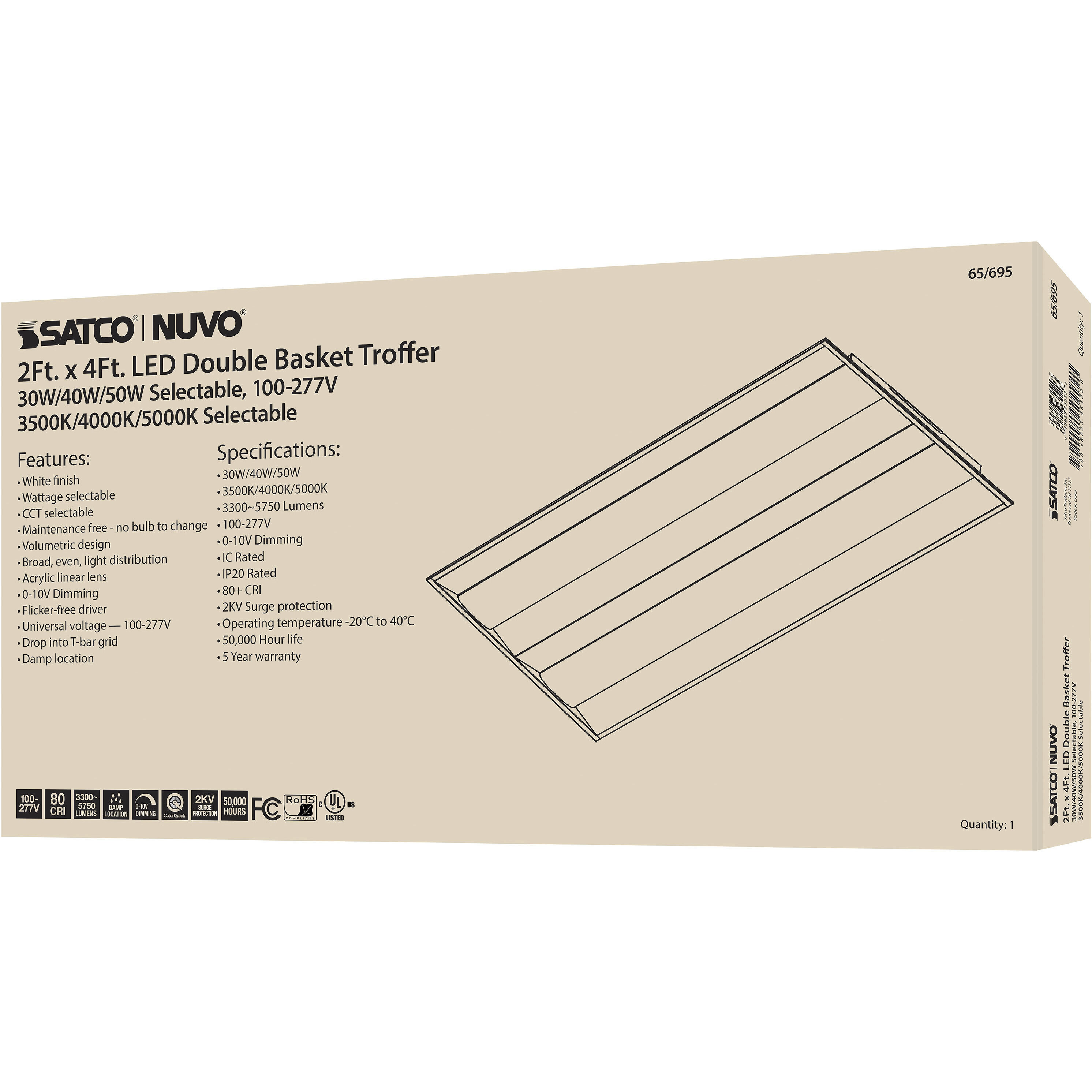 Brentwood LED 24 inch White Troffer Ceiling Light, Double Basket